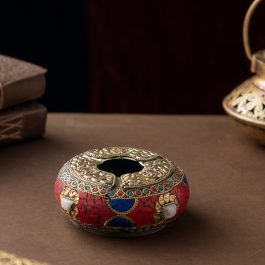 Indian Home Decor | Handcrafted Wooden Brass Ashtray – Mosaic & Gemstone Inlay